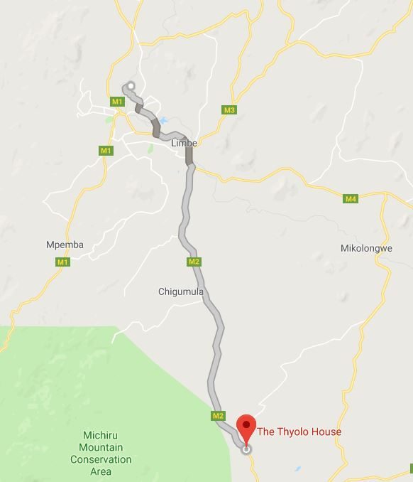 Map showing directions to The Thyolo House from Limbe, Malawi