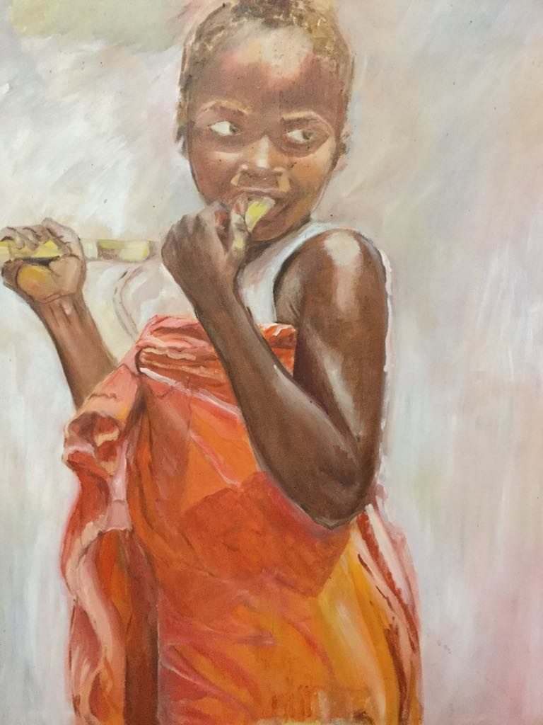 Oil painting of young girl in orange and red dress