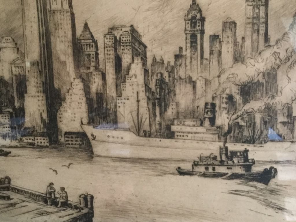 Pencil and ink sketch of New York City harbor with ships