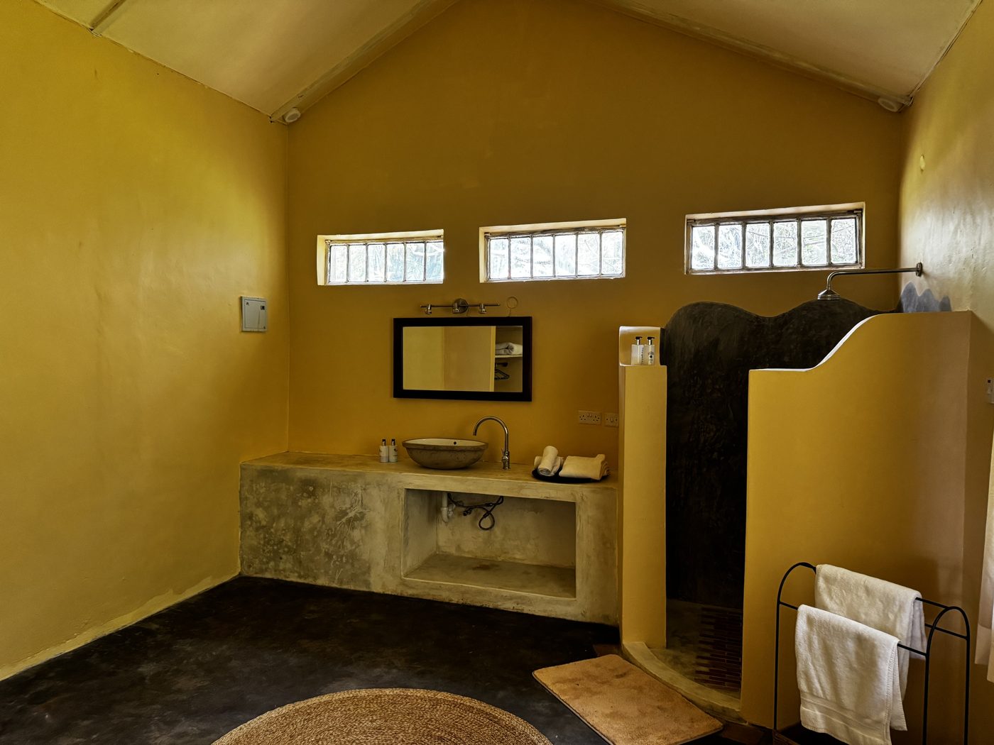 Pool Cottage en-suite — concrete vanity, stone basin, and walk-in shower with sculpted partition